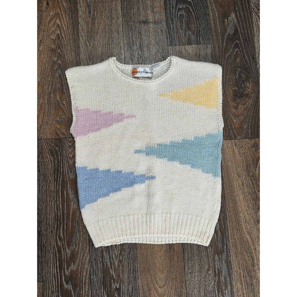 Vintage Country Concepts Pastel Geometric Knit Sweater Vest Cream Small Ramie